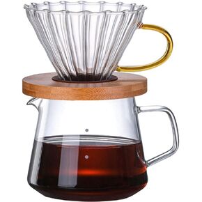 400ml Pour Over Glass Coffee Maker Reusable Pour Over Coffee Wood Dripper Stand High Anti-Heat Glass Pot and Coffee Filter Dripper-Driper with Gold Handle