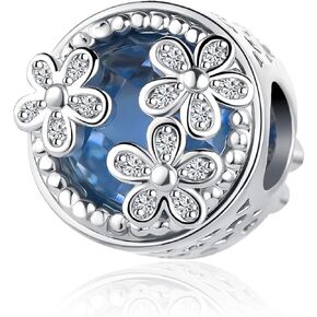 Women Girls Sparkling Flower with Blue Crystal Charms Bead Compatible With Pandora Charms Bracelets for Mom Sister