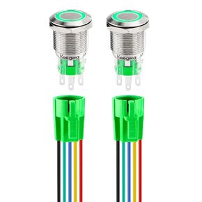 (2 PCS) 19mm Latching Push Button Switch Silver Stainless Steel Metal with Ring LED Light with Wire Socket Plug Self-Locking 12V-24V 5A SPDT 1NO1NC (Blue)