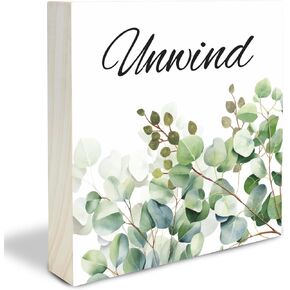 Greenery Wooden Block Sign - Unwind - 4"X4" Decorative Pine Wood Plaque, Home & Office Desk Decor, Housewarming Gift For Friends, Room Tabletop, Shelf Accessories - A10