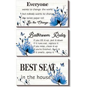 3 Pieces Teal Bathroom Decor Bathroom Rules Wall Art Turquoise Flower Bathroom Rules Sign Best Seat in The House Rustic Farmhouse Wooden Sign for Bathroom Toilet Wall Decor (Teal 10x5 Inch)