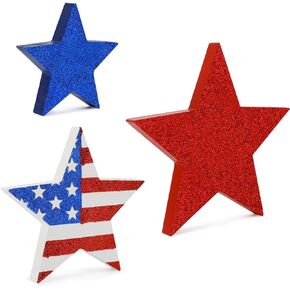 3 Pieces Labor Day Decorations Wood Star Set,Rustic Patriotic Tiered Tray Decor,Red White and Blue Decorations for Home Tables. (Star)