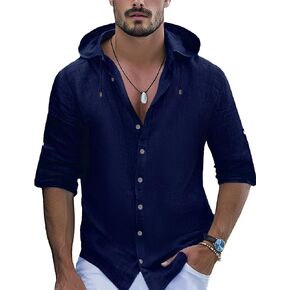 Mens Linen Shirts Casual Button Down Shirts Long Sleeve Roll-Up Sleeve Summer Beach Shirts Tops with Hood