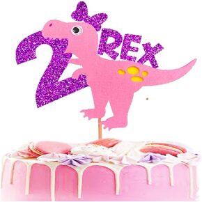 Pink Two Rex Cake Topper Glitter Dinosaur 2nd Birthday T-Rex 2 Cake Topper Cute Dino Birthday Cake Decoration for 2nd Baby Boy Dino Party Supplier Decorations
