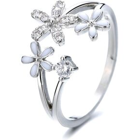 Daisy Flower Cluster Open Rings for Womens Teens Girls Cubic Zirconia Minimalist Thin Band Adjustable Finger Expandable Wrap Sparkly CZ Fashion Hypoallergenic Statement Wedding Blue Stacking Dainty
