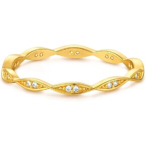 Gold Twisted Ring for Women Cubic Zirconia 14K Gold Plated Minimalist Stack Wave Band Finger Jewelry Size 6-8