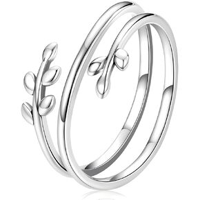925 Sterling Silver Simple Multi-layer Branch Leaf Ring Adjustable Stacking Finger Ring for Women Lucky Leaves Statement Ring Promise Ring