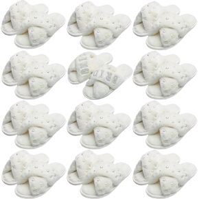 12 Pairs Women's Fuzzy Slippers Bulk Cross Band Open Toe Bridesmaid Slippers Plush Furry Slippers for Bridal and Bachelorette Party Gift