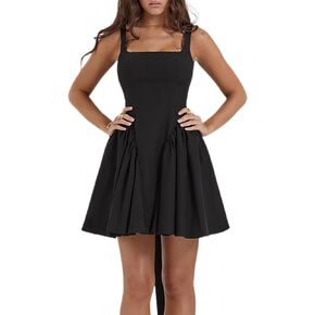 Women’s 2024 Summer Mini Dress Square Neck Sleeveless Open Back Tie Waist Flowy A-line Bodycon Party Club Dresses