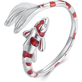 Koi Fish Dragon Dog Ring for Women 925 Sterling Silver Cute Lucky Red Carp Dachshund French Bulldog Corgi Animal Adjustable Open Rings Puppy Gifts for Pet Lover Teens Girls Daughter