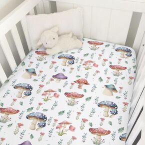 Watercolor Mushroom Forest Baby Crib Sheets 52''x28'' Colorful Mushroom Floral Leaves Snug Fitted Crib Mattress Cover for Boy Girl Woodland Fantasy Soft Baby Nursery Bed Toddler Mattresses Sheets