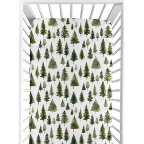 Sweet Jojo Designs Sage Green Woodland Boy Girl Gender Neutral Unisex Baby Fitted Crib Sheet Infant Newborn Nursery Toddler Bed Room Standard Mattress Forest Themed Pine Trees Abstract Watercolor