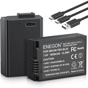 ENEGON EN-EL25/ EN-EL25A USB C Direct Charging Replacement Batteries 1600mAh (2-Pack) with 2 in 1 USB-C Charging Cable for Nikon Z Series, Z50, Z30, Z 50, Z FC, EN-EL25, EN-EL25A, 4241, MH-32 Camera