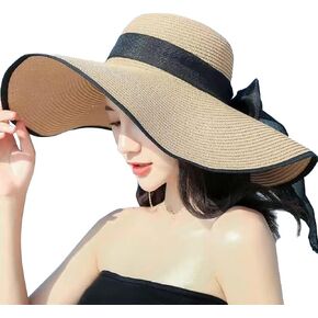Women Black Edge Sun Straw Hat Wide Brim Floppy Summer Sun Protection Beach Hat with Bowknot (Khaki)