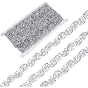 GORGECRAFT 14.8Yds Metallic Braided Lace Ribbon 1/2 Inch Yarn Silver Gimp Trim Decorated Polyester Flat Trim Strip Curve Venice Edge Craft Sewing Lace Garment Embellishments for Wedding Bridal Costume