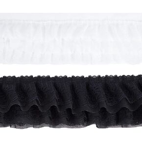 GORGECRAFT 4.4 Yard 5 Inch Wide 2 Colors Ruffle 3-Tiered Lace Trim White Black Pleated Gathered Ruffle Chiffon Ribbon Edging Lace Trimmings Mesh Tulle Fabric for Cloth Sewing Embroidered Applique