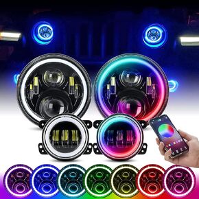 7 Inch RGB Halo Headlights and Fog Lights Bluetooth Color Control DOT Kits for 1997-2018 Wrangler JK JKU TJ LJ, w/Halo Ring DRL and Amber Turn Signal, Hi/Lo Beam