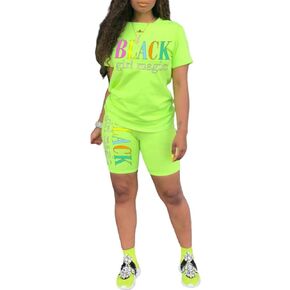 Women's Neon Color Sport Matching Suit Black Girl Letter Print 2PCS Short Sleeve Tshirt Biker Shorts Tracksuit