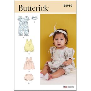 Butterick Babies' Headband, Bloomers, Rompers, and Dress Sewing Pattern Kit, Design Code B6950, Sizes XS-S-M-L, Multicolor