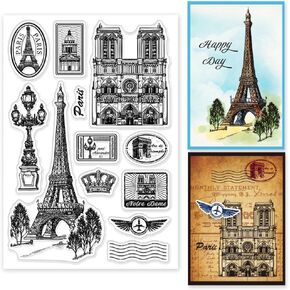 GLOBLELAND Paris Tower Clear Stamp Paris Notre Dame Clear Rubber Stamps Postmark Silicone Stamps for DIY Scrapbooking Photo Album Decorative Cards Making Home Decoration 6.3x4.33inch