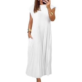 KEOMUD Women Summer Pleated Maxi Dress Casual Short Sleeve Crewneck Flowy Swing Long Dress with Pockets
