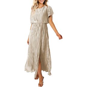 CCTOO Womens Summer Maxi Dresses: Casual Short Sleeve Crewneck Slit Sundress Ruffle Pleated Long Flowy Party Cocktail Dress