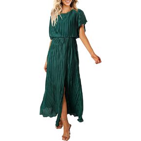 CCTOO Womens Summer Maxi Dresses: Casual Short Sleeve Crewneck Slit Sundress Ruffle Pleated Long Flowy Party Cocktail Dress