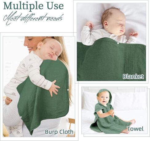 مناشف أطفال بغطاء للرأس من Hooyax Muslin لحديثي الولادة، مناشف حمام أطفال فائقة النعومة ماصة، مناشف كبيرة بسمك 60.96 × 60.96 سم للأطفال الصغار مع غطاء للرأس للأطفال الرضع والأطفال، أساسية لحديثي الولادة (أخضر) in Kuwait