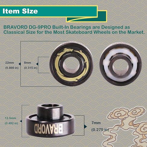 محامل لوح التزلج الخزفية DG9-Pro مع فواصل مدمجة، ومحامل طويلة للتزلج المضمن والأسطواني (عبوة من 8) in Kuwait