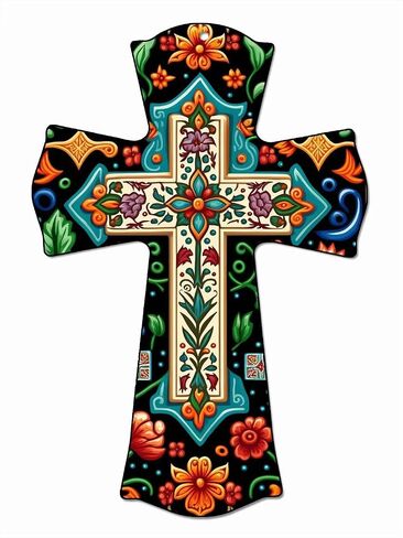 CALUOHO Rustic Wall Cross Hand Painted Flower Wood Cross Home Decor Mexican Crucifix Christian Catholic Easter Decor 5x7 Inch in Saudi Arabia