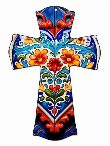 CALUOHO Rustic Wall Cross Hand Painted Flower Wood Cross Home Decor Mexican Crucifix Christian Catholic Easter Decor 5x7 Inch in Saudi Arabia