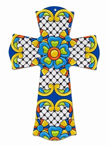 CALUOHO Rustic Wall Cross Hand Painted Flower Wood Cross Home Decor Mexican Crucifix Christian Catholic Easter Decor 5x7 Inch in Saudi Arabia