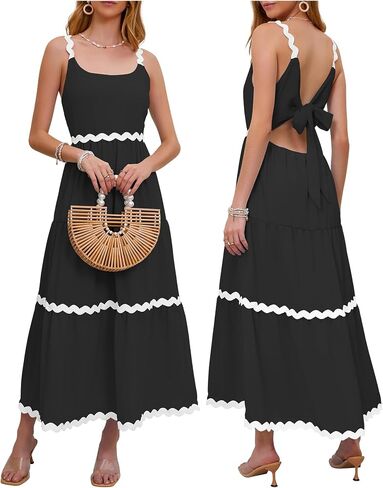 Women Summer Dresses Spaghetti Straps Sleeveless Backless Flowy A Line Maxi Sundress Smocked Beach Tank Midi Dress in Saudi Arabia