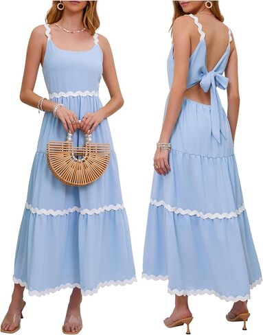 Women Summer Dresses Spaghetti Straps Sleeveless Backless Flowy A Line Maxi Sundress Smocked Beach Tank Midi Dress in Saudi Arabia