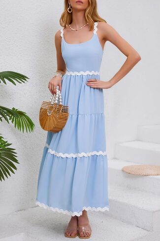 Women Summer Dresses Spaghetti Straps Sleeveless Backless Flowy A Line Maxi Sundress Smocked Beach Tank Midi Dress in Saudi Arabia