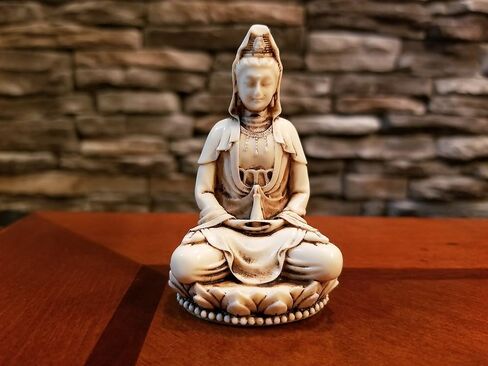 3" Guan Yin Statue Small. Poly Marble with White Marble Finish. Premium Quality Quan Yin Statue. Buddhist Avalokiteshvara Kuan Yin Buddhism Statue on Lotus (Antique Ivory Finish) in Saudi Arabia
