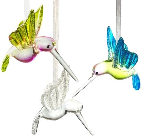 Hummingbird Christmas Ornaments with Glitter Accents - Set of 3 - Handblown XmasOrnaments - Holiday Decorations Gift for Bird Lover in Saudi Arabia