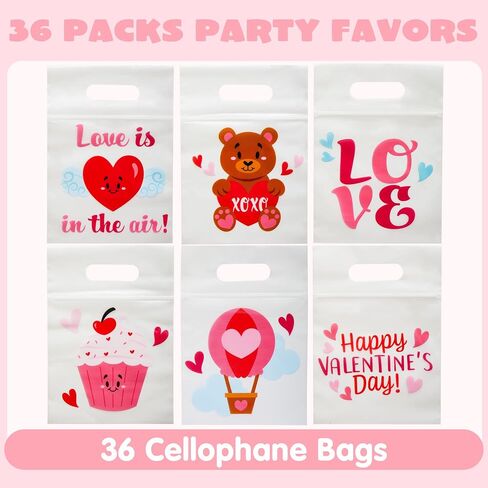 JOYIN 36 Pcs Valentine's Day Cellophane Gift Bag, Candy Bag with 6 Valentine’s Themed Designs for Kids Party Favor, Classroom Exchange Prizes,Valentine’s Goody Bag in Saudi Arabia