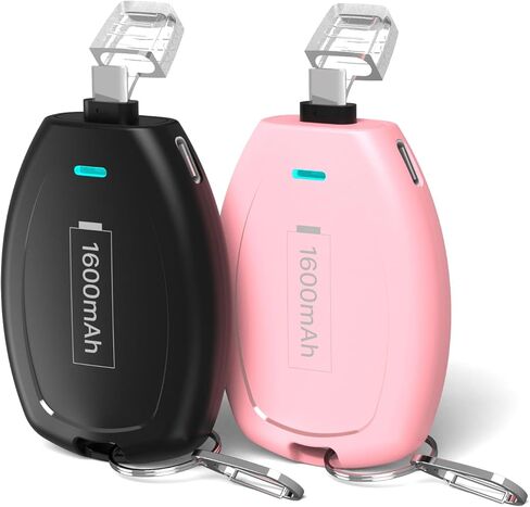 (عبوتان) شاحن محمول بسلسلة مفاتيح USB-C، بنك طاقة صغير 1600 مللي أمبير في الساعة، حزمة بطارية مدمجة للغاية، حلقة مفاتيح لهاتف iPhone 15/15 Plus/15 Pro/15 Pro Max/ Samsung Type-C e4810 scp flip Phone - أسود ووردي in Kuwait