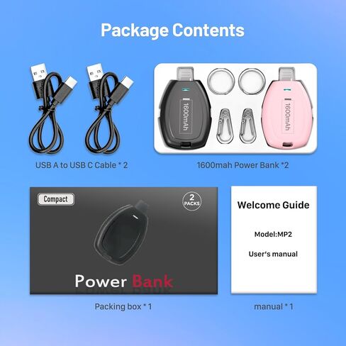 (عبوتان) شاحن محمول بسلسلة مفاتيح USB-C، بنك طاقة صغير 1600 مللي أمبير في الساعة، حزمة بطارية مدمجة للغاية، حلقة مفاتيح لهاتف iPhone 15/15 Plus/15 Pro/15 Pro Max/ Samsung Type-C e4810 scp flip Phone - أسود ووردي in Kuwait