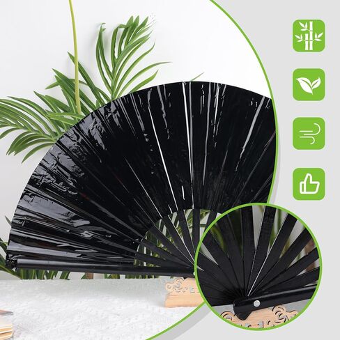 JOHOUSE Black Rave Folding Fan, Holographic Rave Fan Large Foldable Fan for Drag Queen EDM Music Festival Women in Saudi Arabia