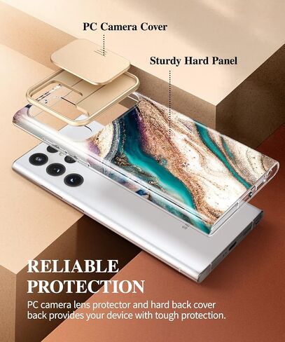 GVIEWIN Designed for Samsung Galaxy S22 Ultra Case with Slide Camera Cover, [Military Grade Drop Protection] Marble Slim Fit Shockproof Protective Phone Case for S22 Ultra 5G 6.8" 2022(Quicksand) in Saudi Arabia