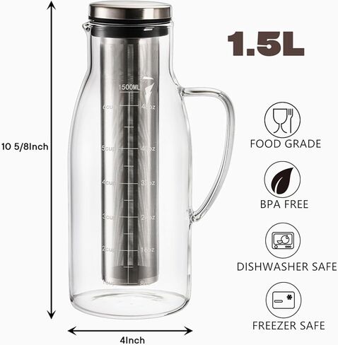 إبريق صانع القهوة المثلجة من تيبيري مع فلتر وغطاء من الفولاذ المقاوم للصدأ قابلين للإزالة، وعاء قهوة من الزجاج سعة 1.5 لتر/ 51 أونصة مع فوهة للقهوة والشاي المثلج ومشروبات الفاكهة والليمون in Kuwait