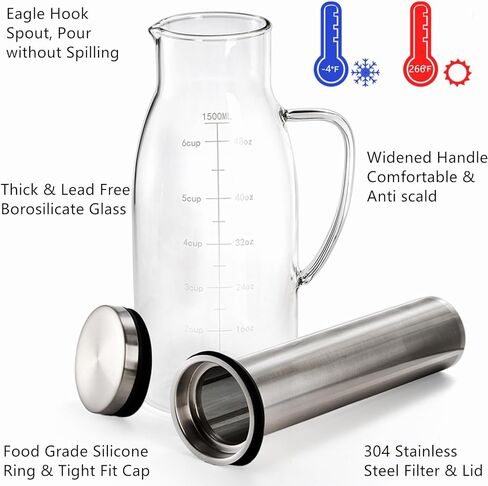 إبريق صانع القهوة المثلجة من تيبيري مع فلتر وغطاء من الفولاذ المقاوم للصدأ قابلين للإزالة، وعاء قهوة من الزجاج سعة 1.5 لتر/ 51 أونصة مع فوهة للقهوة والشاي المثلج ومشروبات الفاكهة والليمون in Kuwait