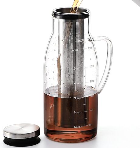 إبريق صانع القهوة المثلجة من تيبيري مع فلتر وغطاء من الفولاذ المقاوم للصدأ قابلين للإزالة، وعاء قهوة من الزجاج سعة 1.5 لتر/ 51 أونصة مع فوهة للقهوة والشاي المثلج ومشروبات الفاكهة والليمون in Kuwait