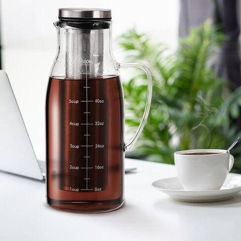 إبريق صانع القهوة المثلجة من تيبيري مع فلتر وغطاء من الفولاذ المقاوم للصدأ قابلين للإزالة، وعاء قهوة من الزجاج سعة 1.5 لتر/ 51 أونصة مع فوهة للقهوة والشاي المثلج ومشروبات الفاكهة والليمون in Kuwait