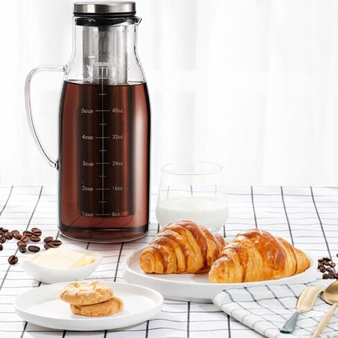 إبريق صانع القهوة المثلجة من تيبيري مع فلتر وغطاء من الفولاذ المقاوم للصدأ قابلين للإزالة، وعاء قهوة من الزجاج سعة 1.5 لتر/ 51 أونصة مع فوهة للقهوة والشاي المثلج ومشروبات الفاكهة والليمون in Kuwait