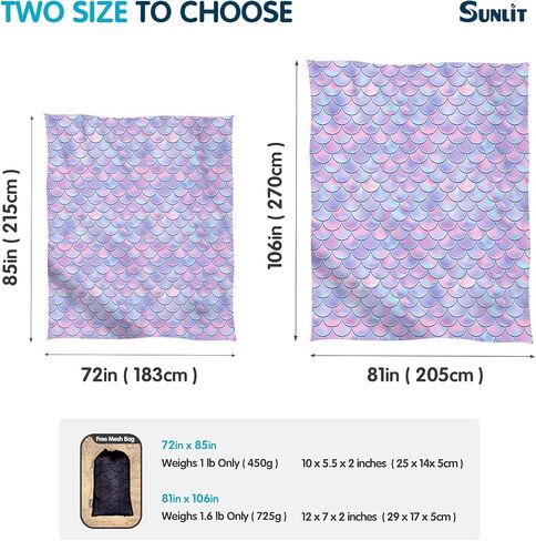 بطانية شاطئ حريرية ناعمة مقاومة للرمل مقاس 106 بوصة × 81 بوصة / 85 بوصة × 72 بوصة حصيرة مقاومة للرمل مع جيوب زاوية وحقيبة شبكية لحفلات الشاطئ والسفر والتخييم ومهرجان الموسيقى في الهواء الطلق، مقياس حورية البحر الأرجواني in Kuwait