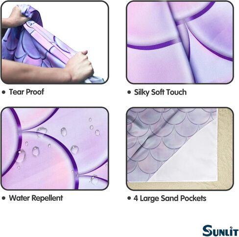 بطانية شاطئ حريرية ناعمة مقاومة للرمل مقاس 106 بوصة × 81 بوصة / 85 بوصة × 72 بوصة حصيرة مقاومة للرمل مع جيوب زاوية وحقيبة شبكية لحفلات الشاطئ والسفر والتخييم ومهرجان الموسيقى في الهواء الطلق، مقياس حورية البحر الأرجواني in Kuwait