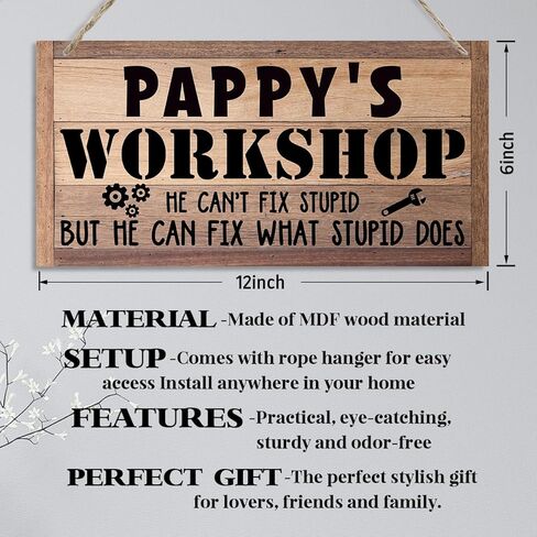Pappy's Workshop Sign Gift for Pappy, Decorative Hanging Wall Plaque Wood Sign, Woodworking Room Decor, Farmhouse Decor for Garage, Funny Workshop Decor, Papa Gift for Birthday Christmas Father's Day in Saudi Arabia